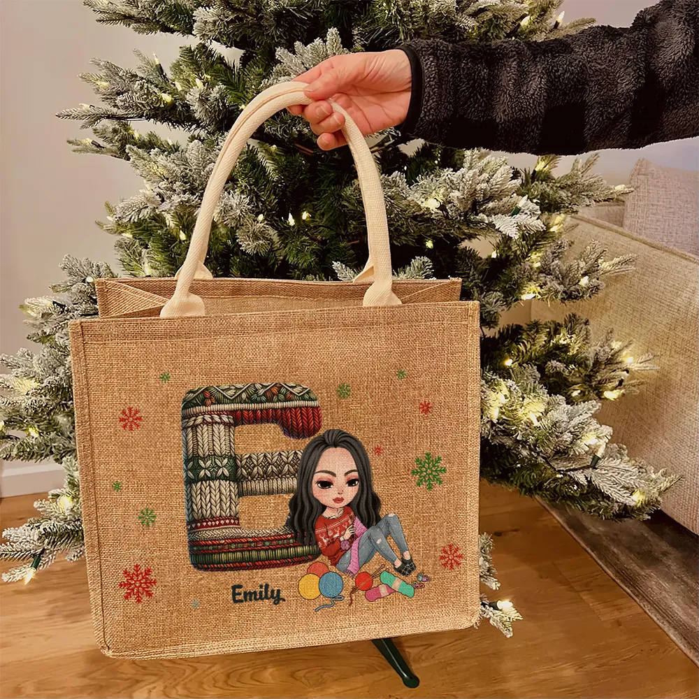 Personalized Gift For Knitters Alphabet Christmas Jute Tote Bag 01HUPU181124HH