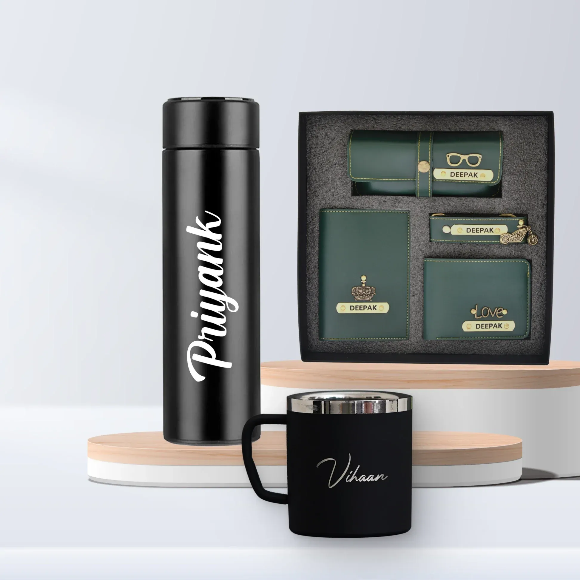 Personalized Temperature Bottle, Stainless Steel Mug &  All in One Men's Combo (4 pcs) - Olive Green