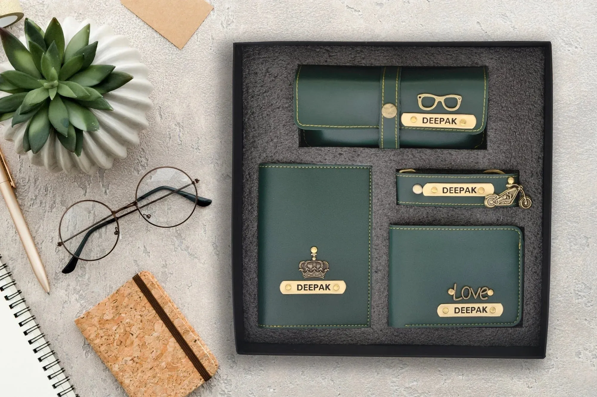Personalized Temperature Bottle, Stainless Steel Mug &  All in One Men's Combo (4 pcs) - Olive Green