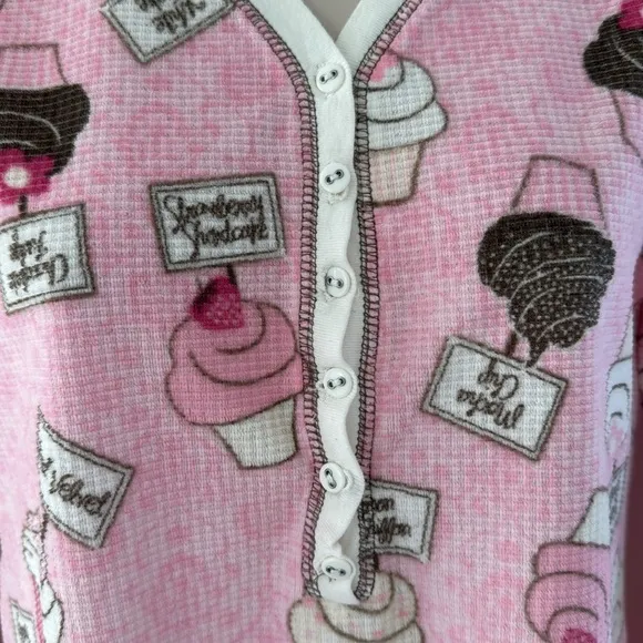 PJ Salvage Pink White Brown Cupcake Print Vintage Velour Waffle Nightshirt M