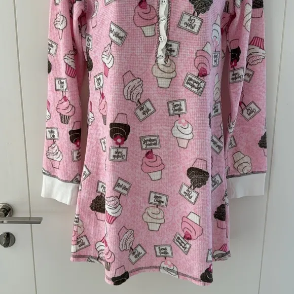 PJ Salvage Pink White Brown Cupcake Print Vintage Velour Waffle Nightshirt M