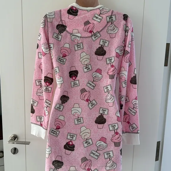PJ Salvage Pink White Brown Cupcake Print Vintage Velour Waffle Nightshirt M