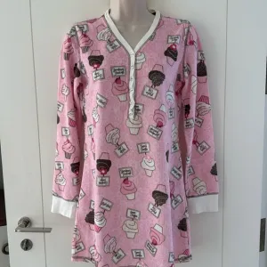 PJ Salvage Pink White Brown Cupcake Print Vintage Velour Waffle Nightshirt M