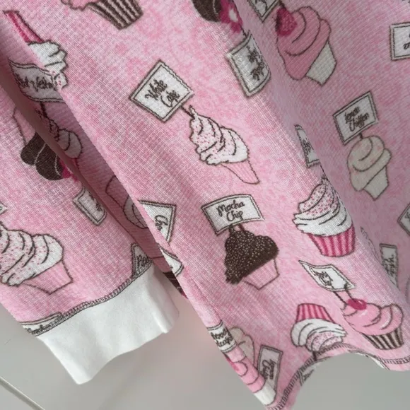 PJ Salvage Pink White Brown Cupcake Print Vintage Velour Waffle Nightshirt M