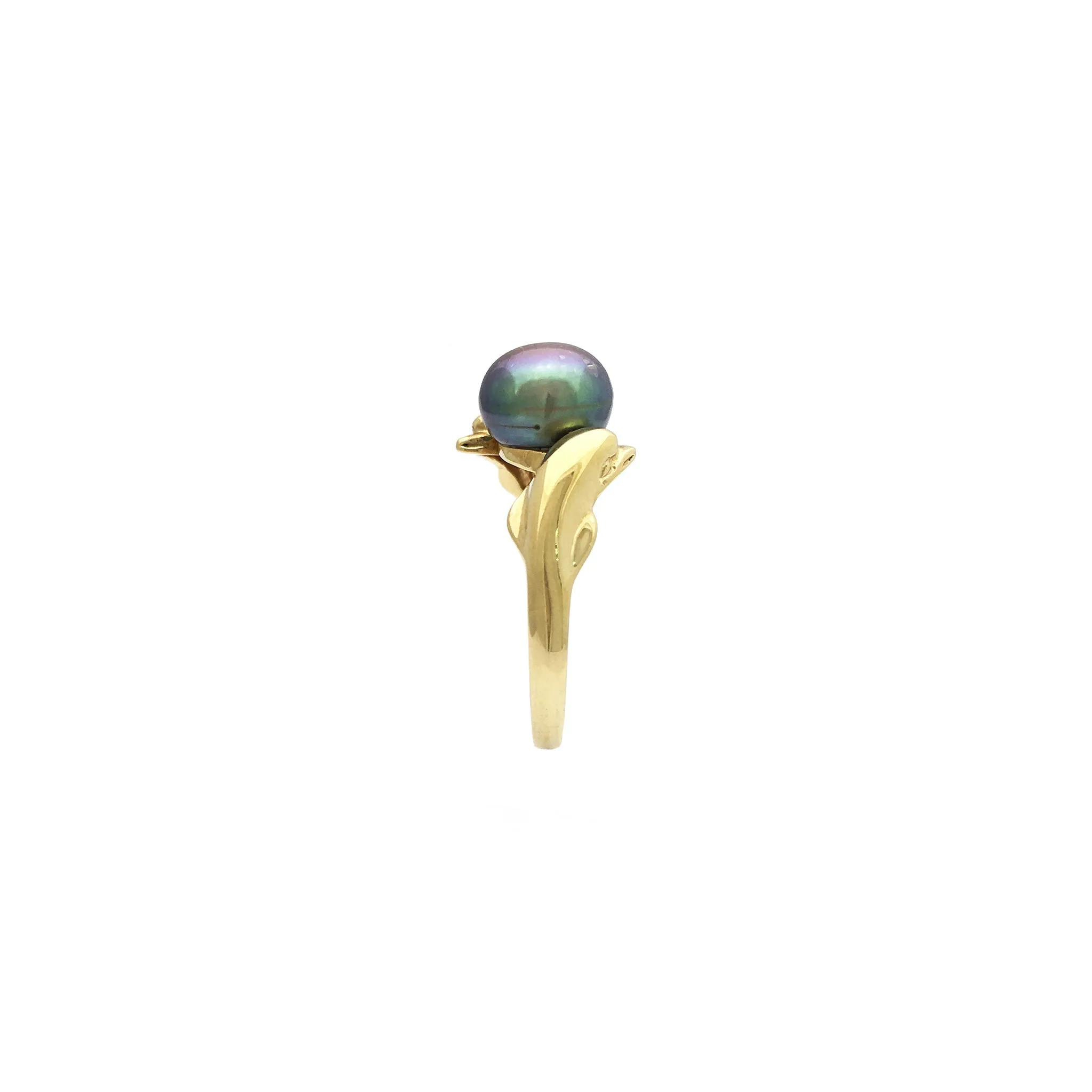 Playful Dolphins Black Pearl Ring (14K)