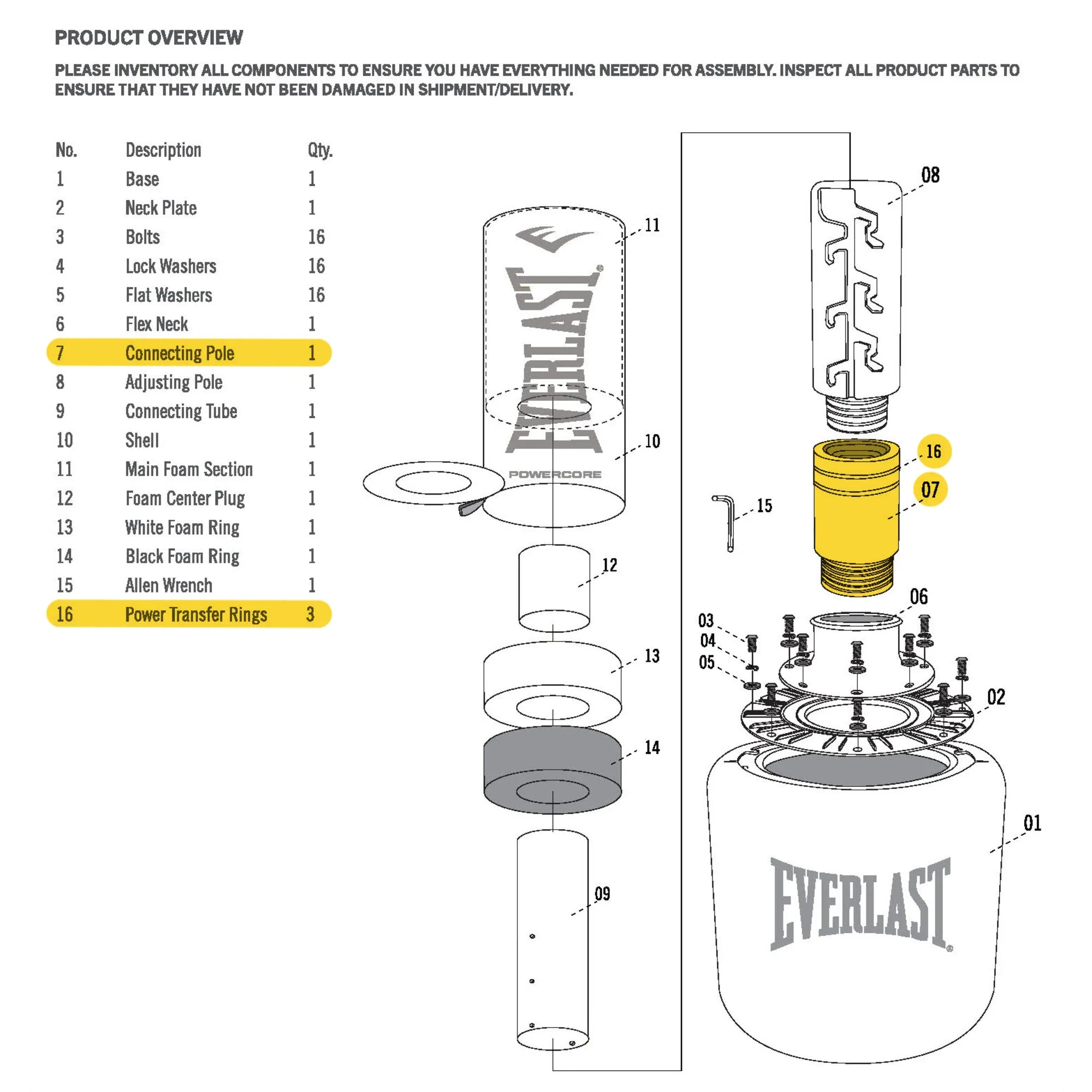 Powercore Freestanding Heavy Bag - Connecting Pole With Transfer Rings - Replacement Part