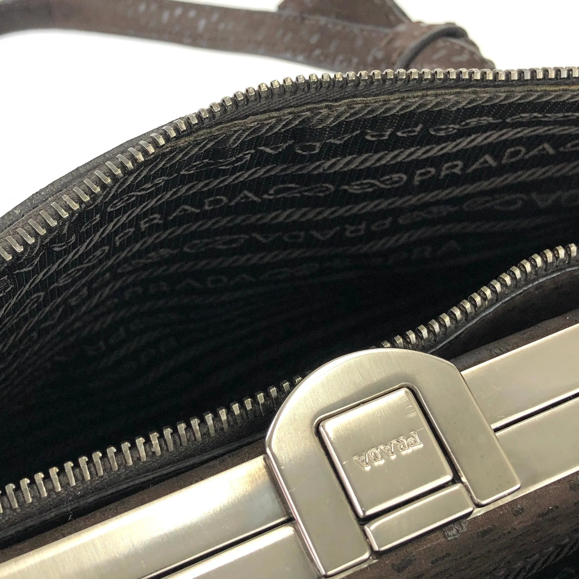 PRADA Triangle logo Metal clasp Tote bag Pig suede Brown Vintage Old x8twc6
