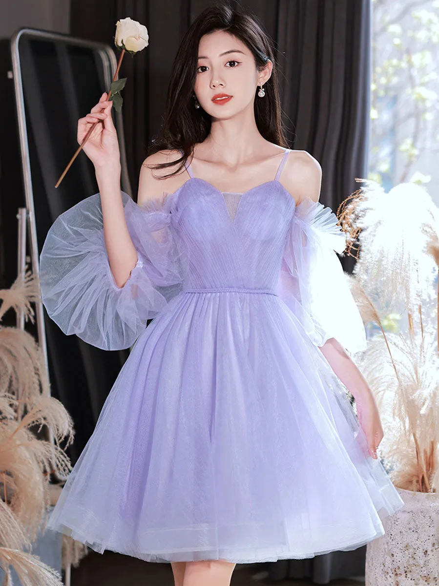Purple sweetheart neck tulle short prom dress purple homecoming dress