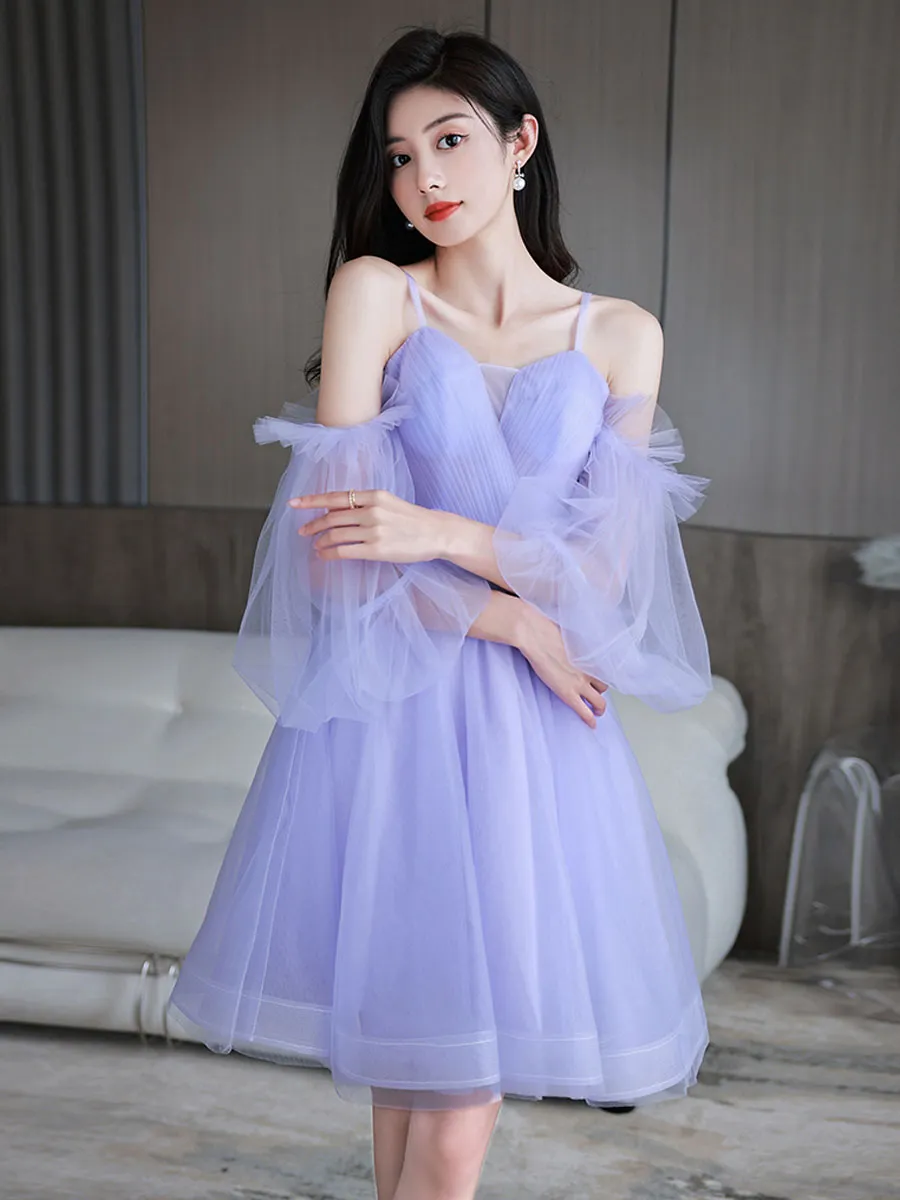 Purple sweetheart neck tulle short prom dress purple homecoming dress
