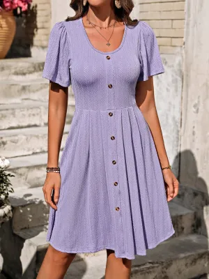 Rachel Decorative Button Scoop Neck Short Sleeve Dress