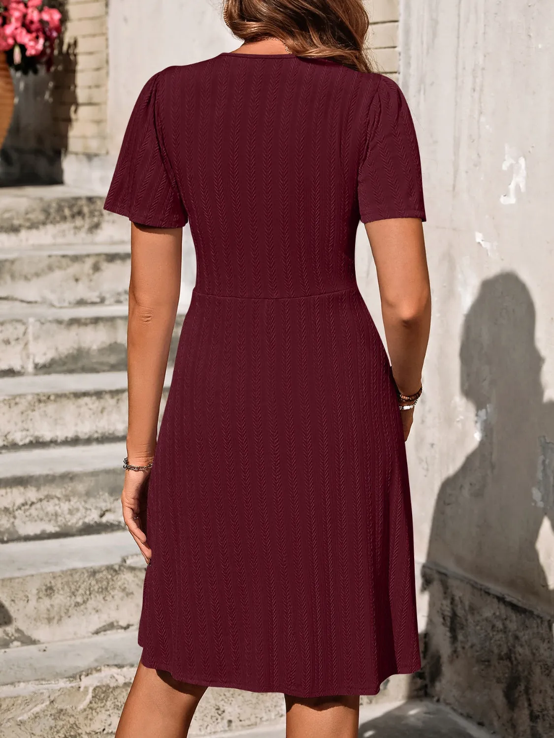 Rachel Decorative Button Scoop Neck Short Sleeve Dress