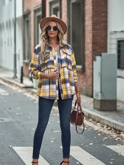 Rianon Plaid Button Up Dropped Shoulder Shirt