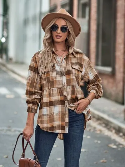 Rianon Plaid Button Up Dropped Shoulder Shirt
