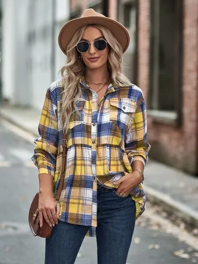 Rianon Plaid Button Up Dropped Shoulder Shirt
