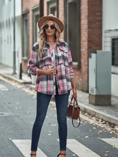 Rianon Plaid Button Up Dropped Shoulder Shirt