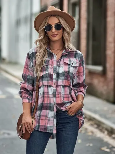 Rianon Plaid Button Up Dropped Shoulder Shirt