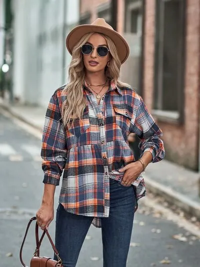 Rianon Plaid Button Up Dropped Shoulder Shirt