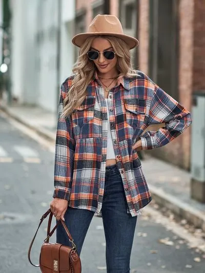 Rianon Plaid Button Up Dropped Shoulder Shirt