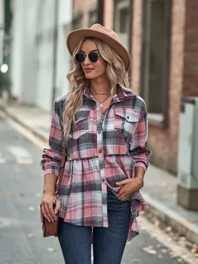 Rianon Plaid Button Up Dropped Shoulder Shirt