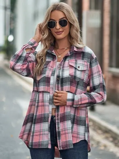 Rianon Plaid Button Up Dropped Shoulder Shirt
