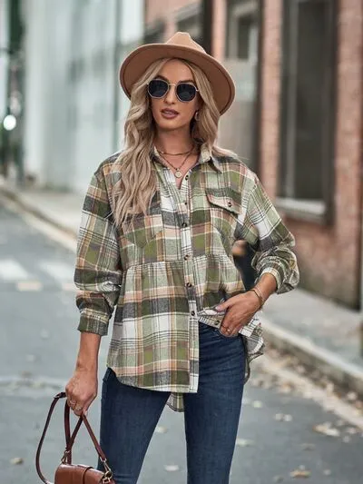Rianon Plaid Button Up Dropped Shoulder Shirt