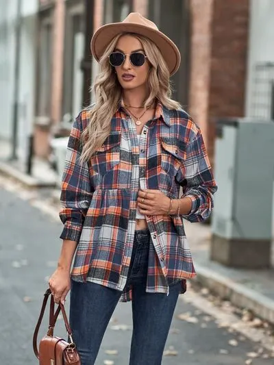 Rianon Plaid Button Up Dropped Shoulder Shirt