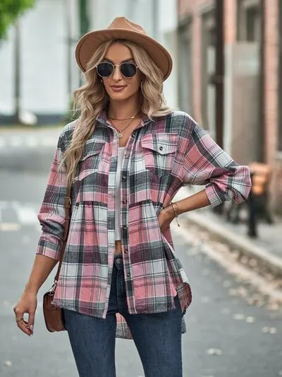Rianon Plaid Button Up Dropped Shoulder Shirt
