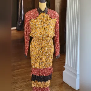 SA Rose Vintage 90s Maxi Tiered Broom Skirt Set Large Red, Gold, Brown
