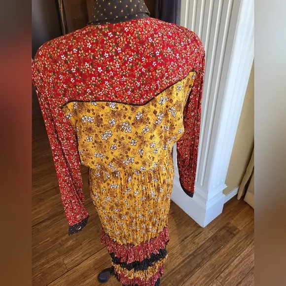 SA Rose Vintage 90s Maxi Tiered Broom Skirt Set Large Red, Gold, Brown