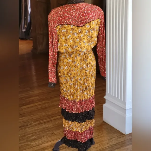 SA Rose Vintage 90s Maxi Tiered Broom Skirt Set Large Red, Gold, Brown