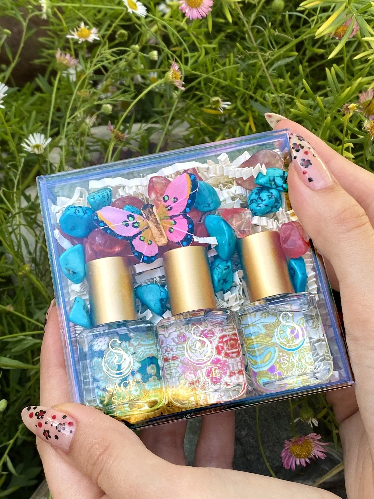 Secret Garden FLORAL Gift Set ~ Rose Quartz, Turquoise, and Sage 1/4 oz Organic Perfume Oil Extract Roll-Ons by Sage