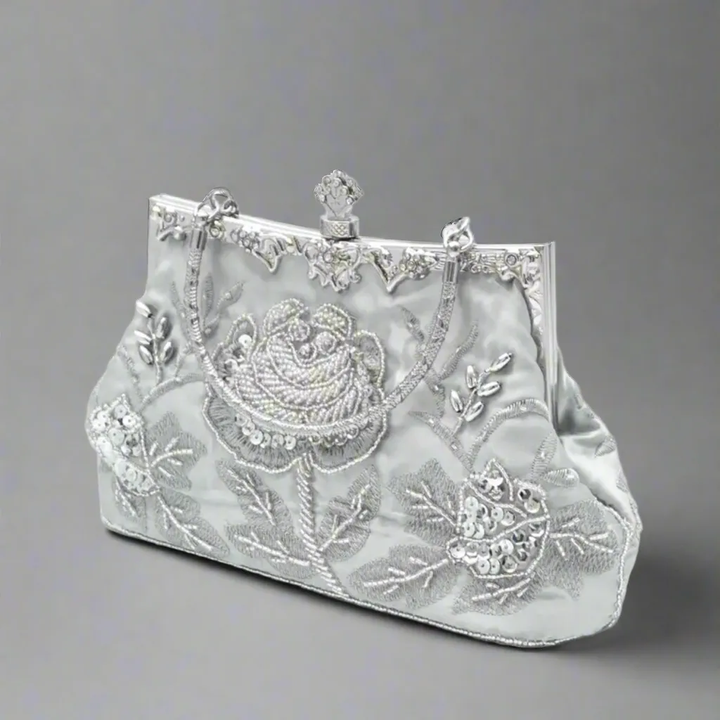 Silver Beaded Clutch Evening Bag