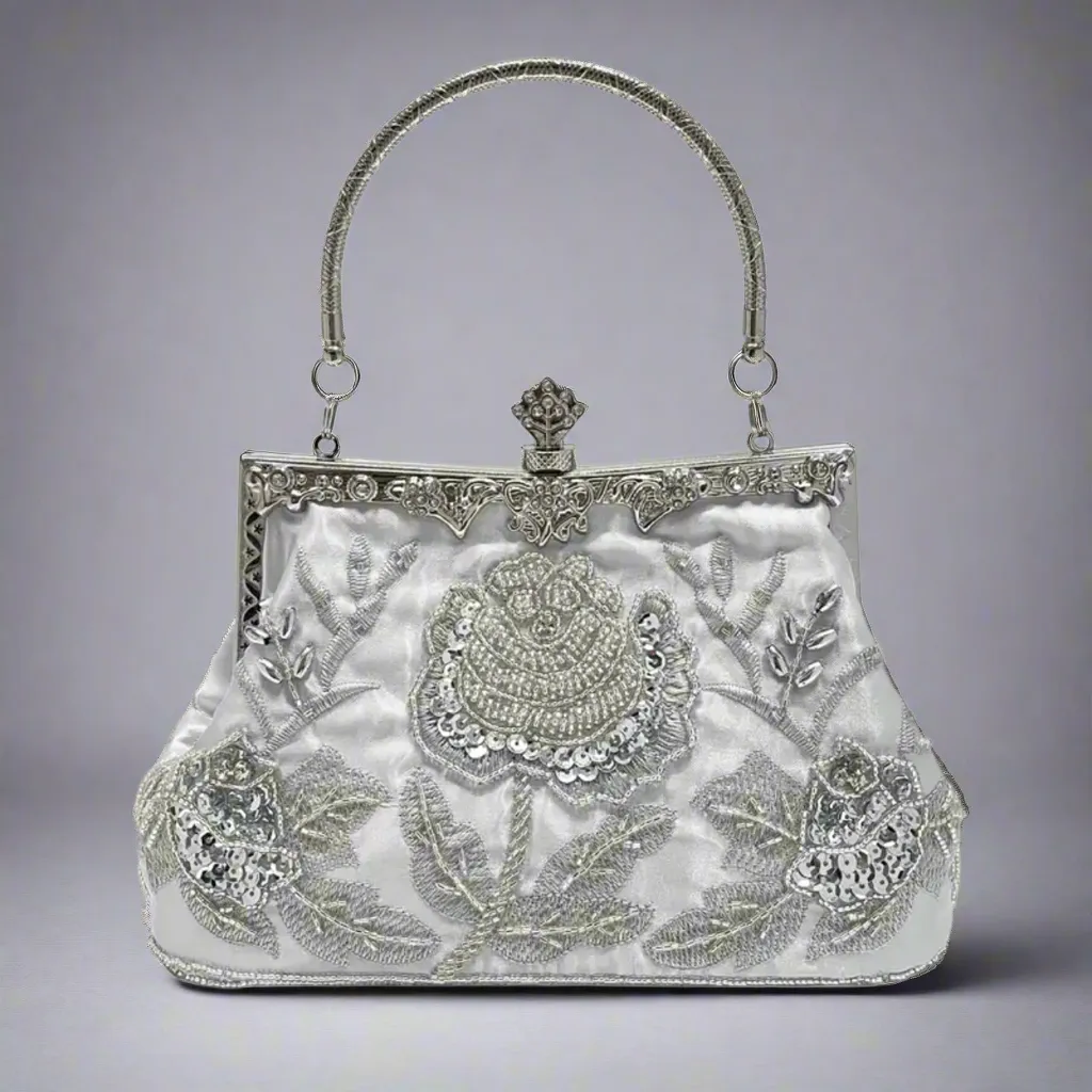 Silver Beaded Clutch Evening Bag