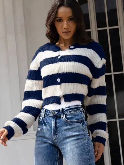 Striped Button Up Dropped Shoulder Cardigan