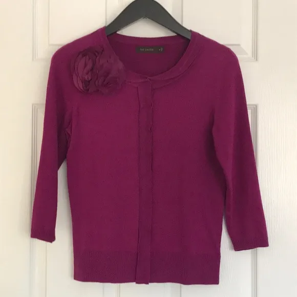 The Limited - 3/4 Sleeve Flower Fuchsia Cardigan