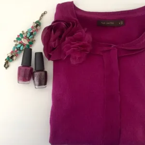 The Limited - 3/4 Sleeve Flower Fuchsia Cardigan