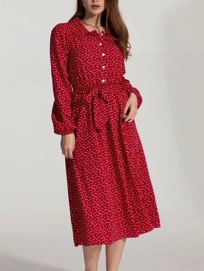 Tied Printed Button Up Balloon Sleeve Dress