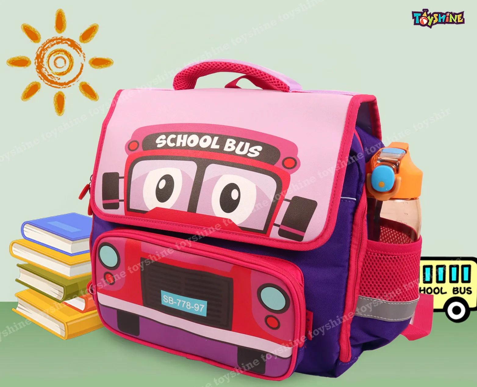 Toyshine Cute School Bus Design Rectangular Shape Bagpack for Preschool | kindergarten | KG-1 | KG-2| School Picnic Travel Bag For Kids Age 2-7yrs (Pink)