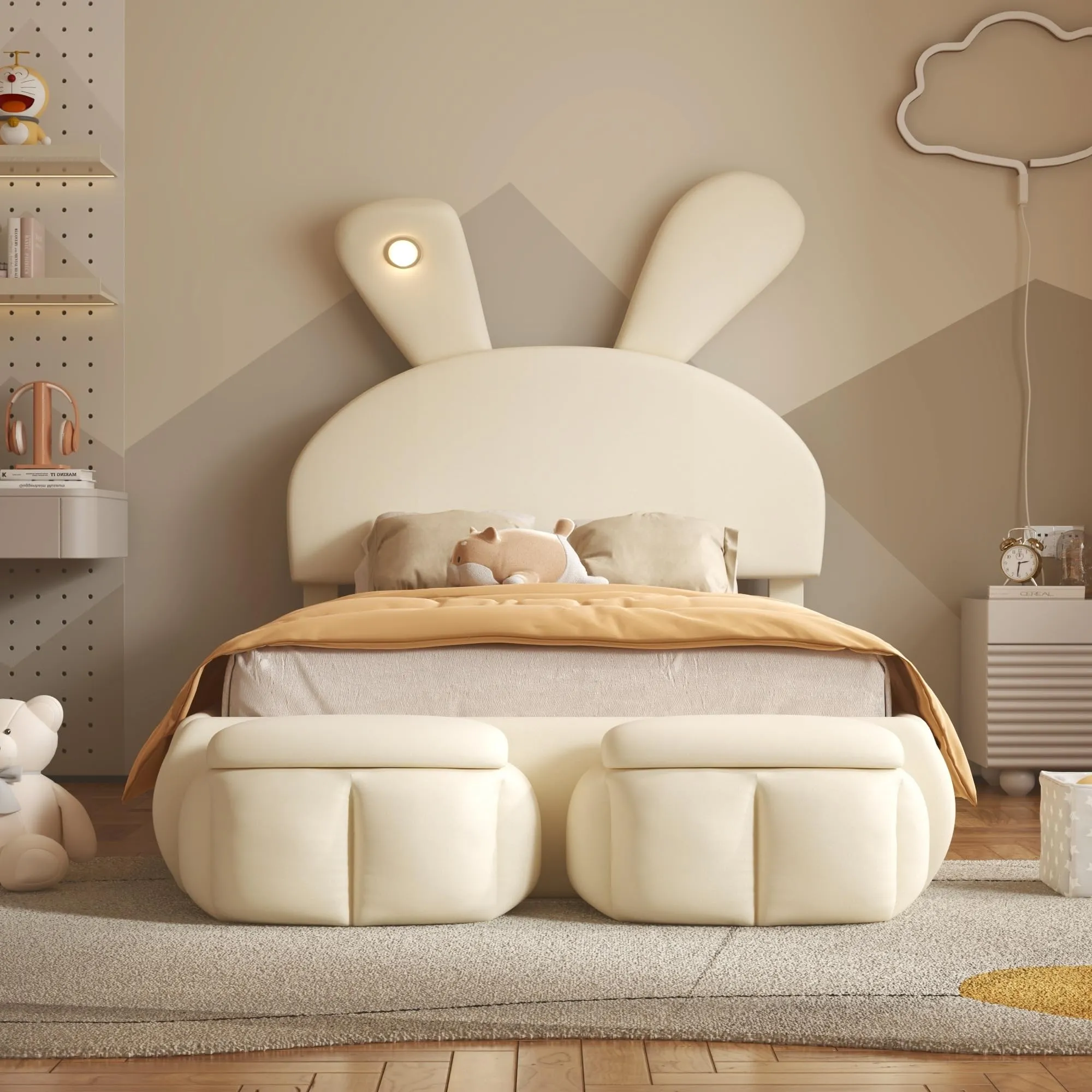Twin Size Velvet Upholstered Platform Bed W/Cartoon Ears Shaped