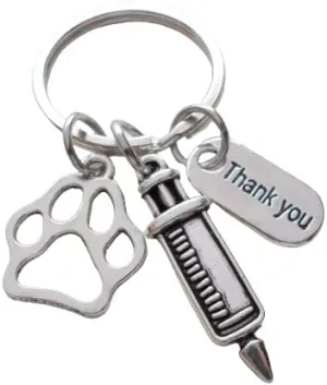 Veterinarian Appreciation Keychain, Veterinary Hospital Staff Gift, Pet & Animal Care Medical Professional; Paw Print, Syringe & Thank You Charm Keychain