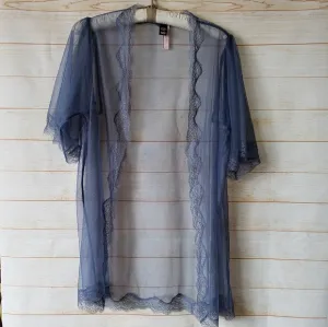 Victoria's Secret Sheer Eyelash Lace Trim Short Negligee Blue Women's Size M/L