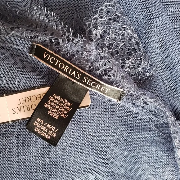Victoria's Secret Sheer Eyelash Lace Trim Short Negligee Blue Women's Size M/L
