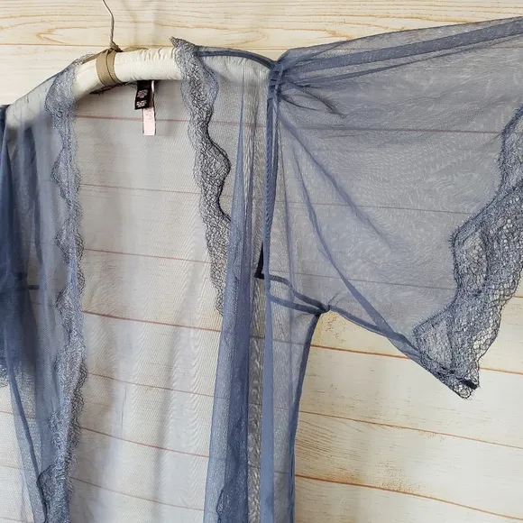 Victoria's Secret Sheer Eyelash Lace Trim Short Negligee Blue Women's Size M/L
