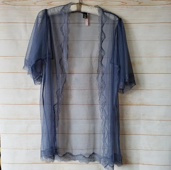 Victoria's Secret Sheer Eyelash Lace Trim Short Negligee Blue Women's Size M/L