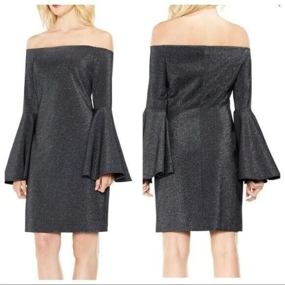 Vince Camuto Off-the-Shoulder Metallic Knit Bell Sleeves Dress Size Medi…