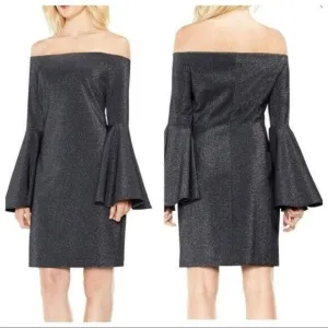 Vince Camuto Off-the-Shoulder Metallic Knit Bell Sleeves Dress Size Medi…