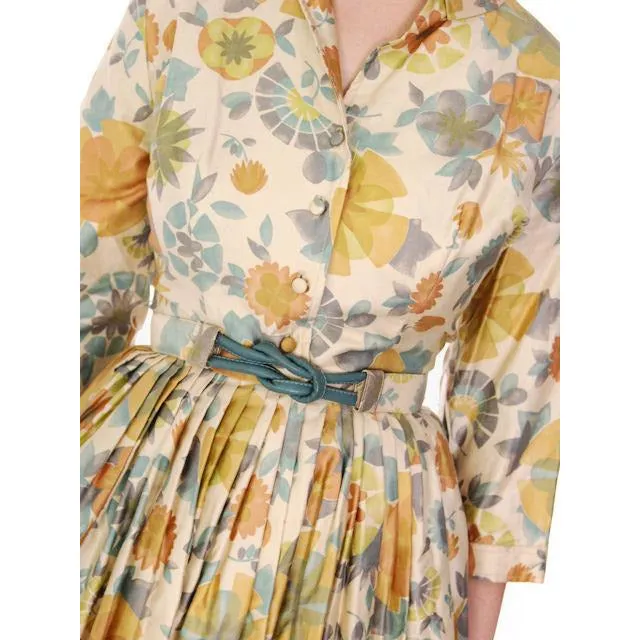 Vintage Shirtwaist Dress Polished Cotton Pretty Pastels Jo White 1950S NOS 40-28-Free