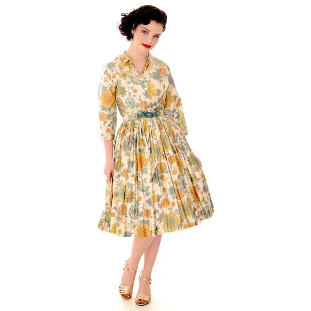 Vintage Shirtwaist Dress Polished Cotton Pretty Pastels Jo White 1950S NOS 40-28-Free