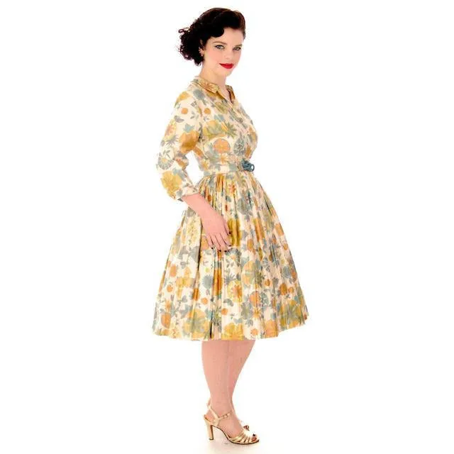 Vintage Shirtwaist Dress Polished Cotton Pretty Pastels Jo White 1950S NOS 40-28-Free