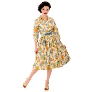Vintage Shirtwaist Dress Polished Cotton Pretty Pastels Jo White 1950S NOS 40-28-Free